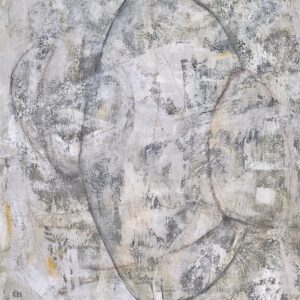 An abstract painting from the Entente Cordiale series, featuring a delicate interplay of soft, textured layers in white and muted gray tones. Subtle accents of yellow and blue peek through the surface, adding depth and contrast. Organic, flowing charcoal lines weave through the composition, evoking a quiet yet dynamic conversation between two inner parts of the psyche.