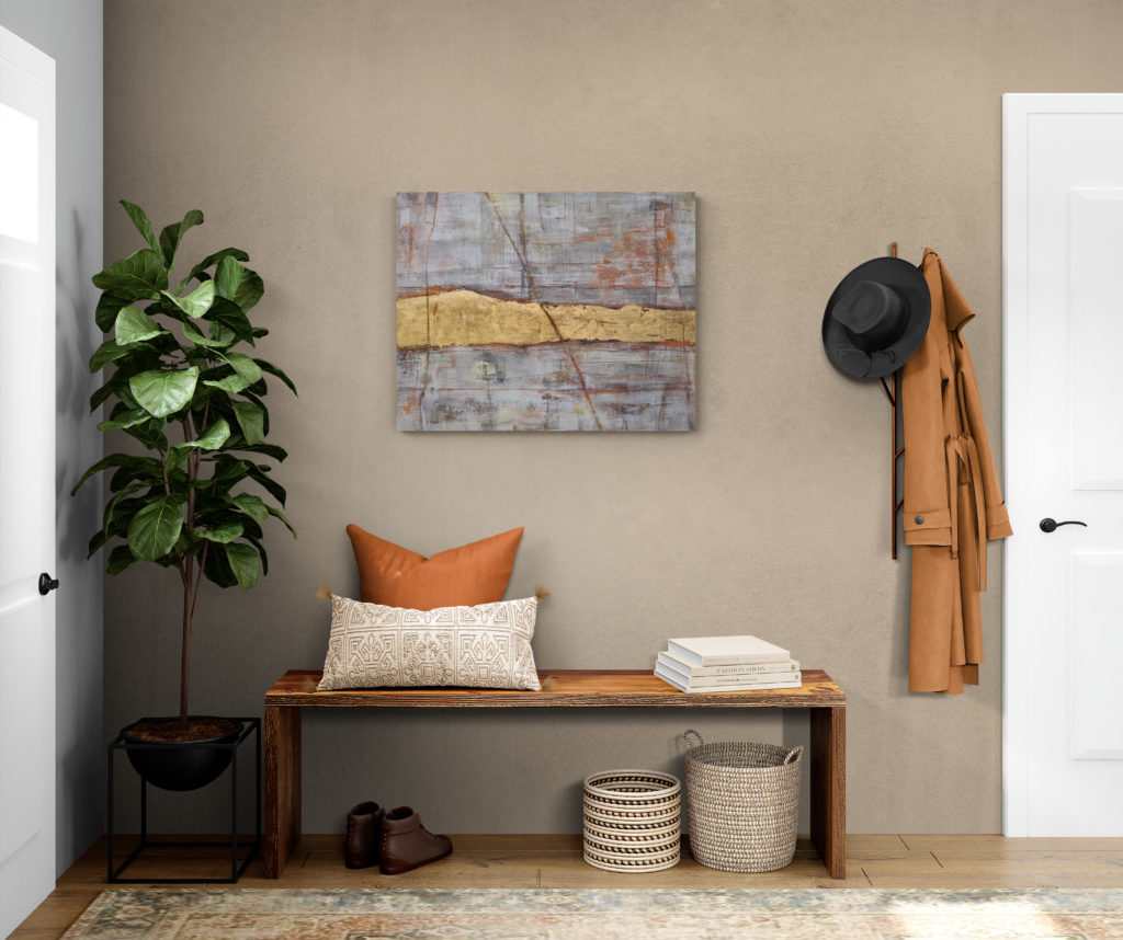 An abstract painting by Maya Malioutina, featuring textured layers of muted grays, rusted undertones, and gold leaf accents. The artwork evokes the beauty of imperfection, impermanence, and the passage of time, resembling a weathered wall with peeling paint and untold stories.